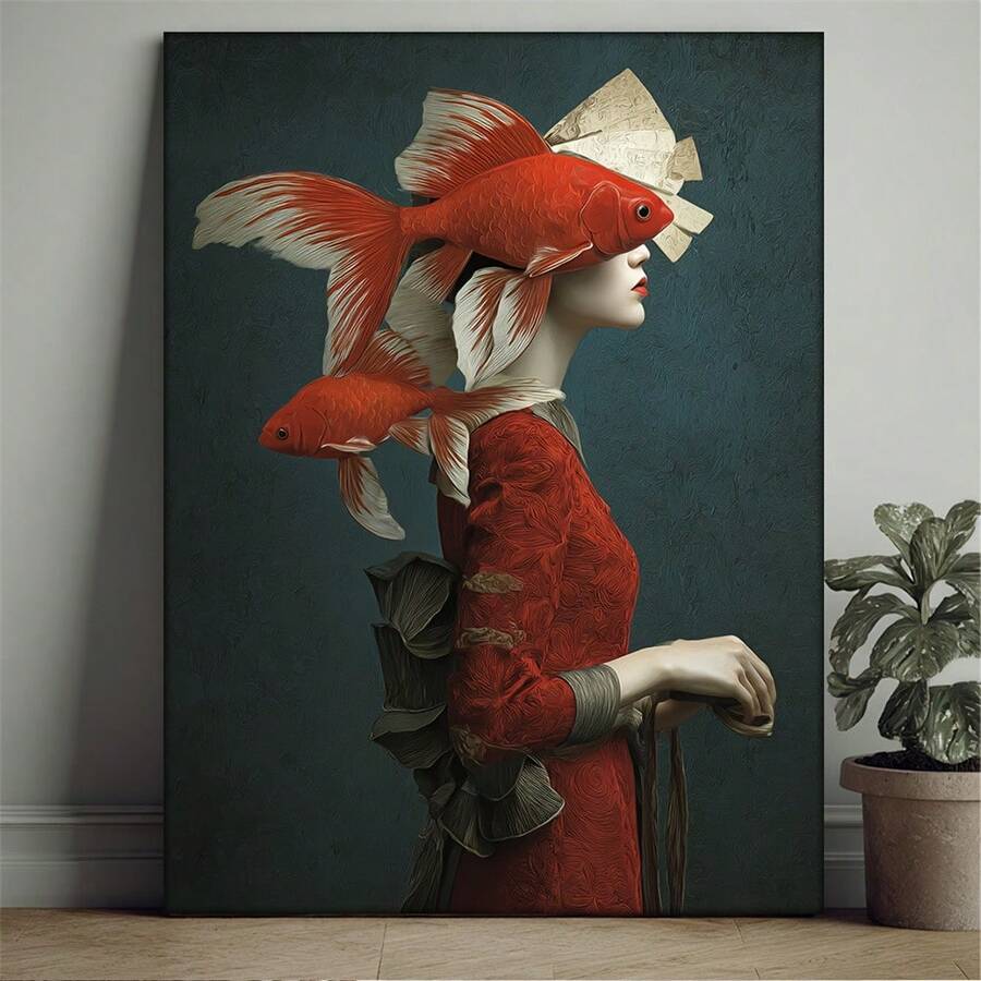 Immerse your space in surreal artistry with this captivating manga-inspired poster. Featuring an enigmatic woman and delicate fish imagery, this modern hanging painting blends dreamlike aesthetics with contemporary design. Crafted on durable canvas with waterproof properties, it's perfect for dining rooms and any space seeking artistic flair. Ready to hang and built to last, this piece transforms walls into galleries of imagination and wonder.