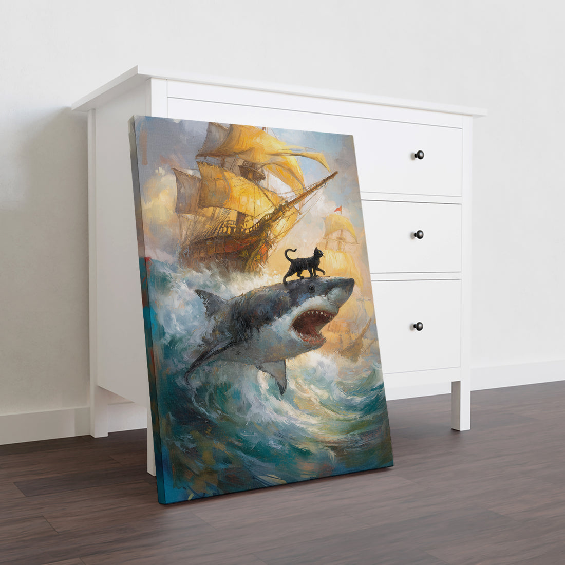 Elevate your living space with this Surreal Ocean Art Canvas Print featuring a striking black cat perched on a shark beneath a sailing ship. This unique piece blends imaginative marine elements with bold artistry, making it an exceptional backdrop for your living room, sofa area, or bedside. Crafted to inspire conversation and add depth to your home decor, it offers a sophisticated touch that complements contemporary interiors.