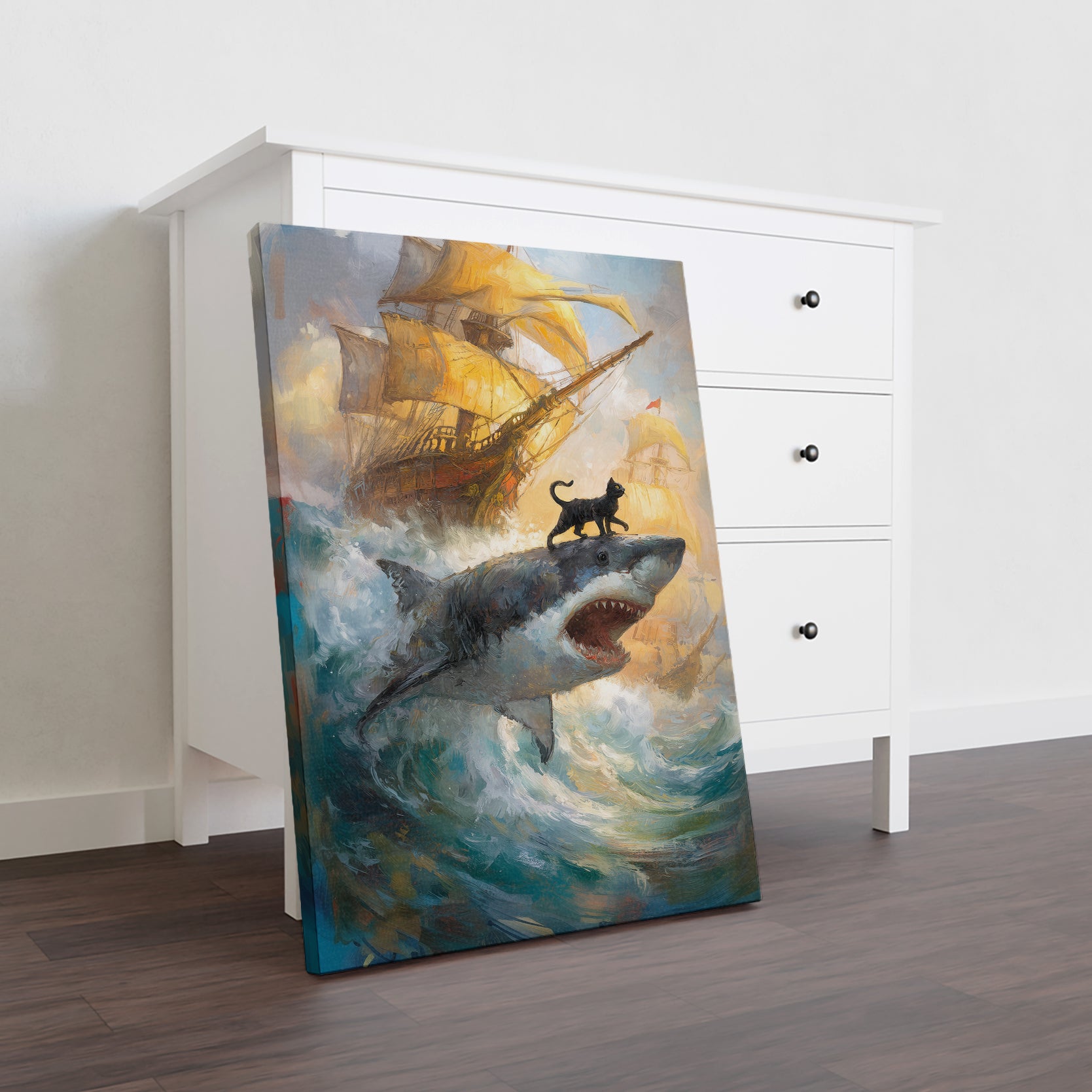 Elevate your living space with this Surreal Ocean Art Canvas Print featuring a striking black cat perched on a shark beneath a sailing ship. This unique piece blends imaginative marine elements with bold artistry, making it an exceptional backdrop for your living room, sofa area, or bedside. Crafted to inspire conversation and add depth to your home decor, it offers a sophisticated touch that complements contemporary interiors.