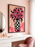 Surreal pink eyes and checkered floral vase canvas poster in a bold graphic style