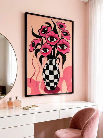 Surreal pink eyes and checkered floral vase canvas poster in a bold graphic style