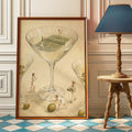 Framed surreal tennis print showing miniature players rallying inside an oversized martini glass among olives