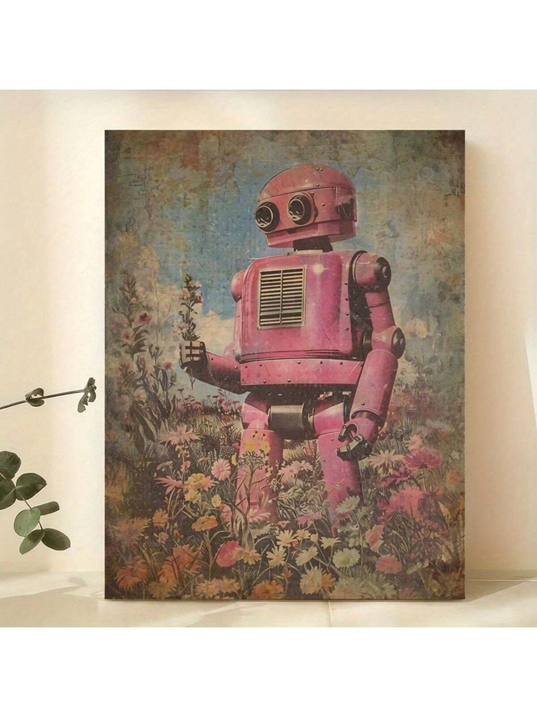 Transform your space with this surrealist canvas art print featuring an abstract pink robot amidst wildflowers. This distinctive piece combines vintage mid-century modern aesthetics with surrealist elements, creating a conversation-starting focal point. The carefully balanced composition offers sophisticated visual interest for both home and office environments, complementing contemporary and retro-inspired interiors alike.