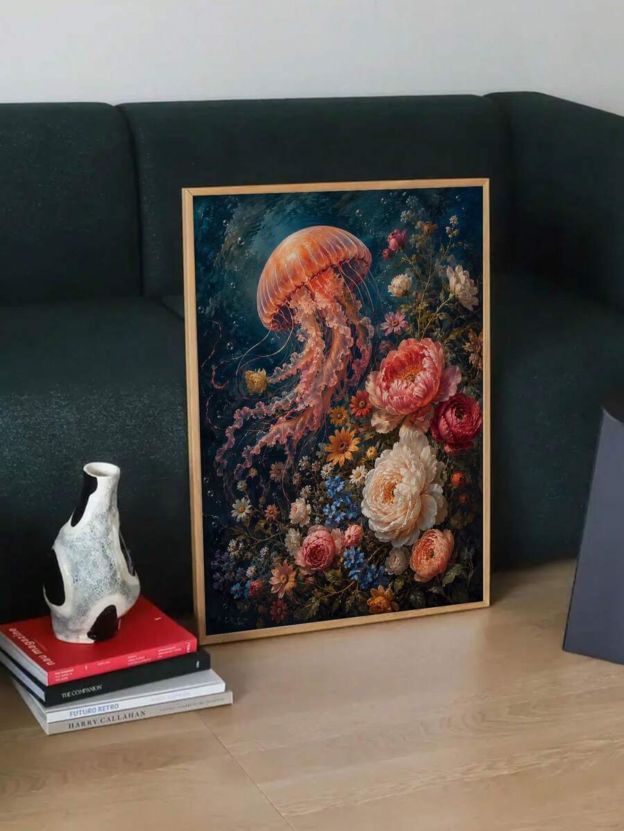 Surrealist octopus and atmospheric beach hut canvas poster