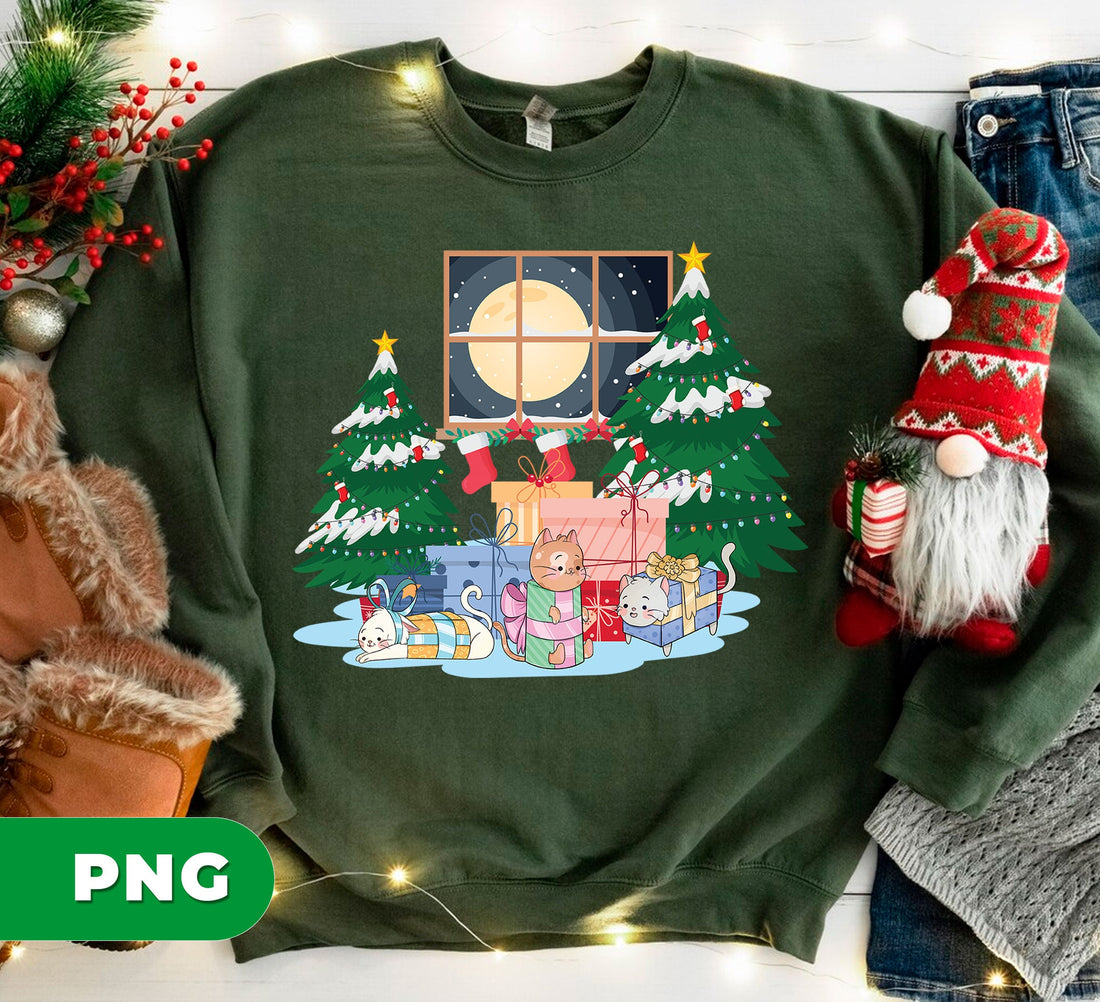 Christmas Cats In Gift Boxes PNG, Cute Kitten Holiday Scene With Tree, Moon And Presents, Cozy Winter Cat Lover Art, PNG For Shirts, PNG Sublimation