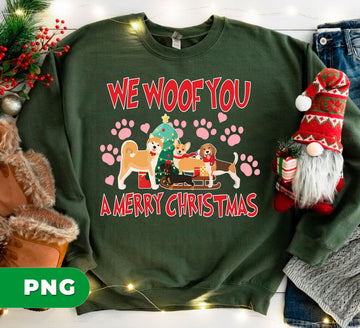 We Woof You A Merry Christmas PNG, Funny Dog Christmas Tree Scene With Cute Puppies And Gifts, Holiday Pet Lover Design, PNG For Shirts, PNG Sublimation