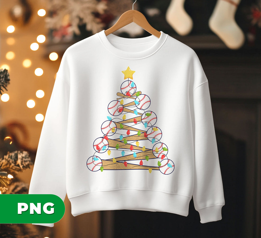 Baseball Christmas Tree PNG, Funny Xmas Lights Baseball Bat Design, Sports Lover Holiday Sublimation, Baseball Fan Clipart, Xmas Baseball PNG