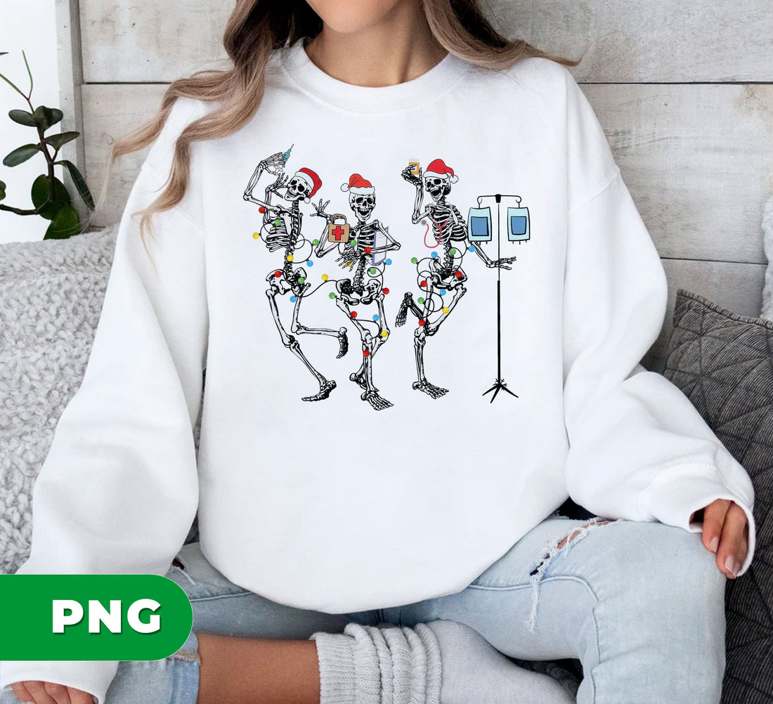 Funny Nurse Skeleton Christmas PNG, Medical Skeleton Clipart, Santa Hat Skeleton Lights PNG, Healthcare Worker Holiday PNG