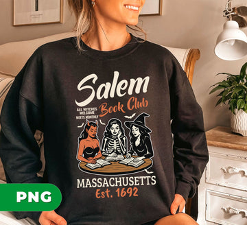 Salem Book Club PNG, Witch Devil Skeleton Reading Books, Massachusetts 1692, Halloween Gothic Clipart For Sublimation