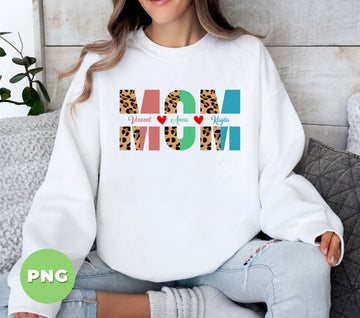 Personalized MOM PNG with Leopard Print and Kids’ Names, Custom Mom Sublimation Design with Hearts