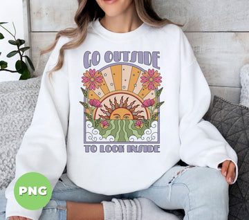 Go Outside To Look Inside PNG, Retro Boho Sun And Flowers Spiritual Quote Design, Mindful Hippie Aesthetic Art