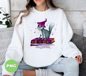 Cute Halloween Witch Cat PNG, Magical Cat on Spell Book Clipart, Purple Hat Cat Art, Funny Halloween Cat Sublimation Design