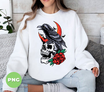 Raven Skull Rose Gothic Art, Dark Crow And Skull With Moon, Occult Witchy Skull Illustration, Tattoo Style Gothic Skull And Raven Design