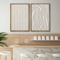 Tan white abstract boho wall art above modern bar