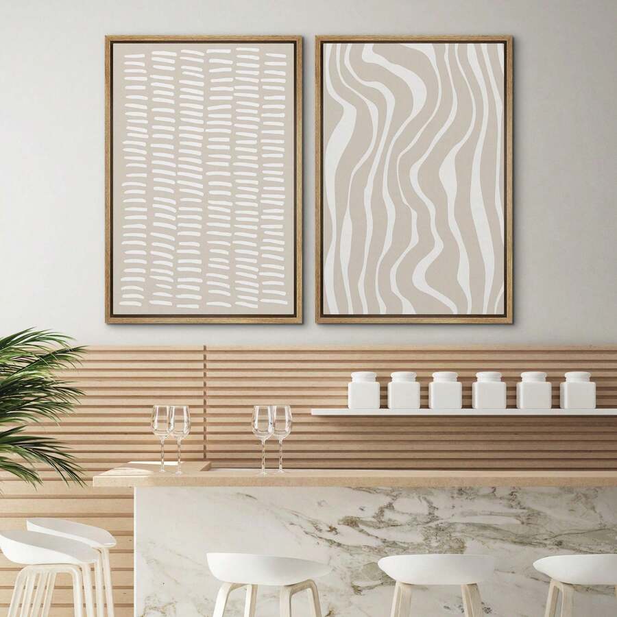 Tan white abstract boho wall art above modern bar