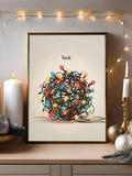 Funny tangled Christmas lights poster in a gold frame with candles and string lights