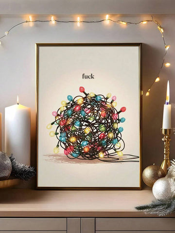 Funny tangled Christmas lights poster in a gold frame with candles and string lights