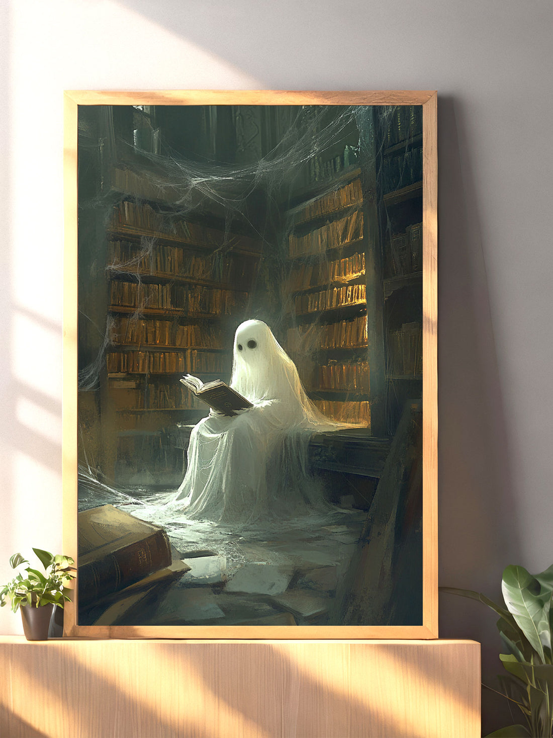 Transform any room into a hauntingly elegant space with our Ghost Sitting and Reading Canvas Wall Art. Featuring a ghostly figure reading in a spiderweb-covered library, this piece adds a touch of mystery and intrigue to your home decor. Made with high-quality canvas and ready to hang, it's a must-have for lovers of all things spooky and sophisticated.