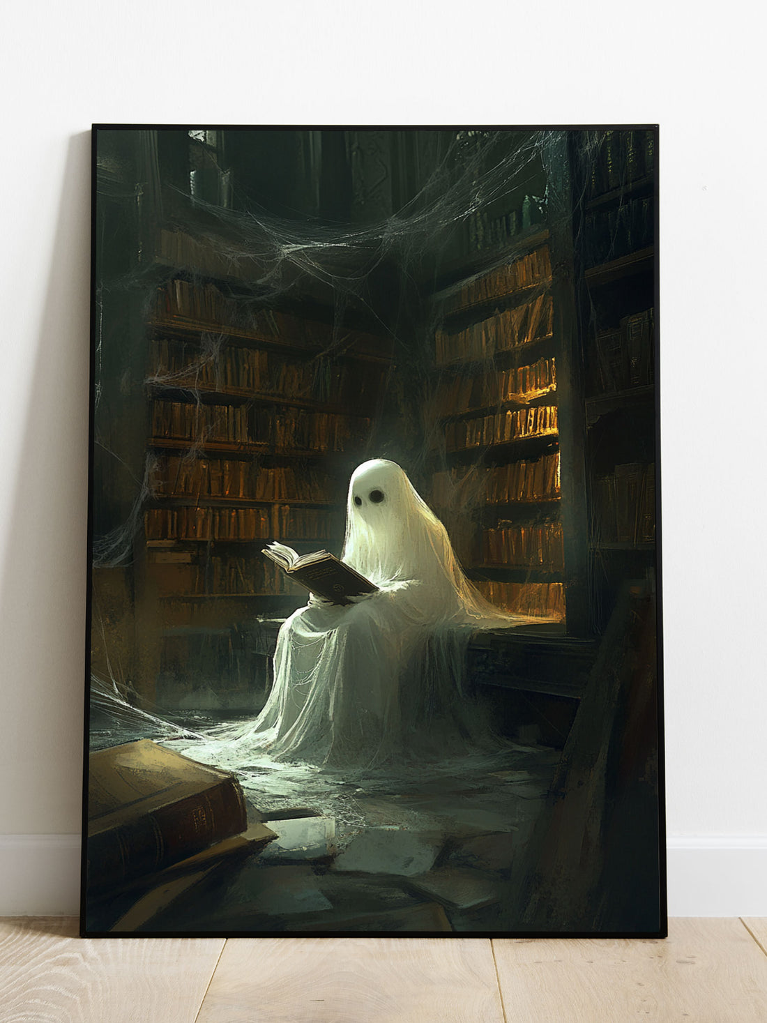 Transform any room into a hauntingly elegant space with our Ghost Sitting and Reading Canvas Wall Art. Featuring a ghostly figure reading in a spiderweb-covered library, this piece adds a touch of mystery and intrigue to your home decor. Made with high-quality canvas and ready to hang, it's a must-have for lovers of all things spooky and sophisticated.