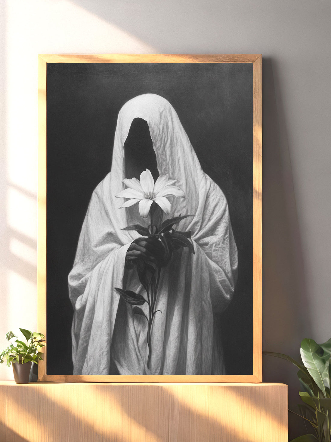 Add a touch of mystery and elegance to your home decor with The Ghost with a Blossom Canvas Wall Art. Featuring exquisite details and vibrant colors, this piece is sure to make a lasting impression. Made with high-quality materials, it is durable and long-lasting. Elevate your space with this stunning work of art.