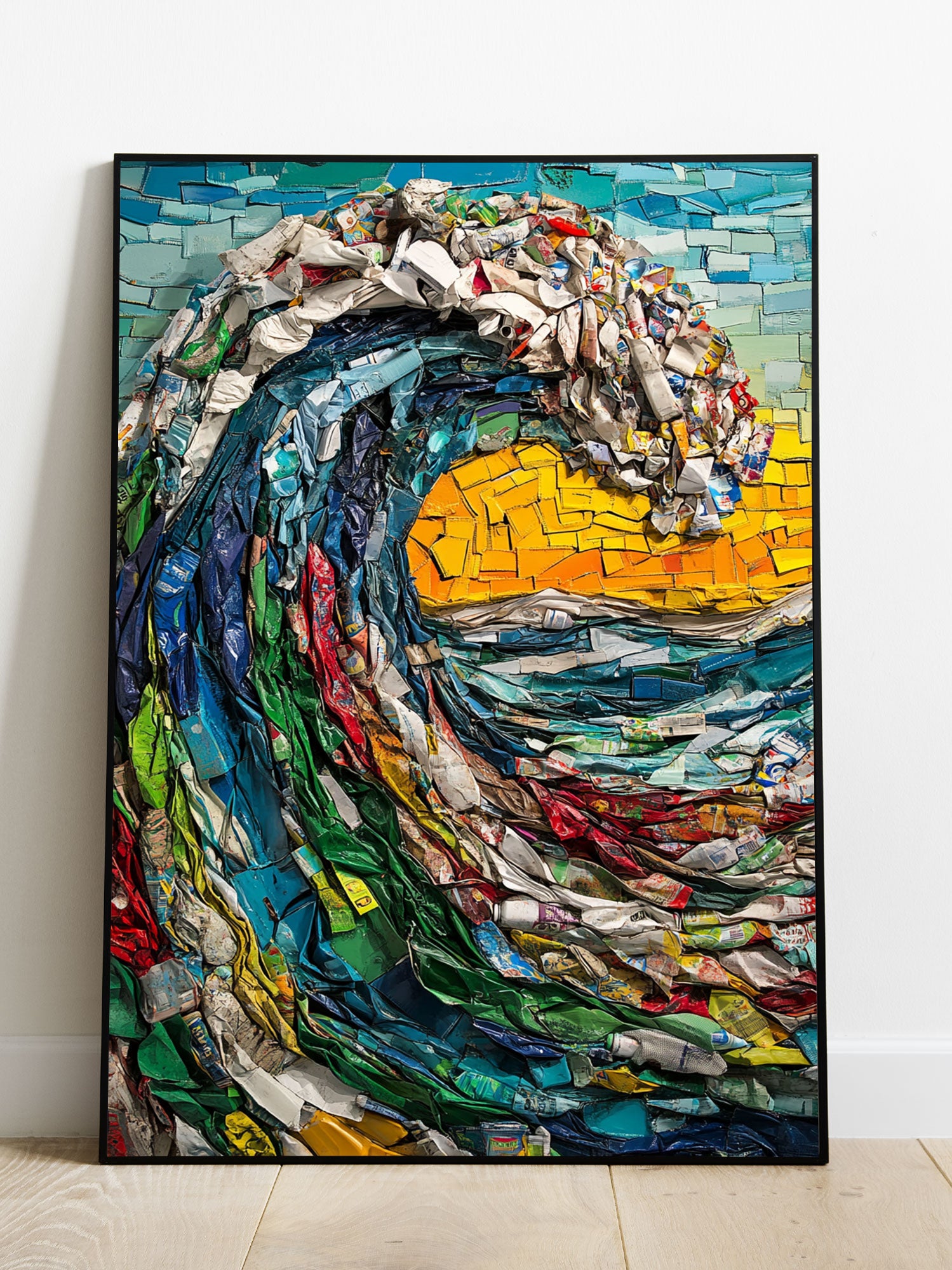 Introducing our unique "The Picture Of The Wave From Plastic And Waste Canvas" poster! A stunning addition to any living room, sofa backdrop, or bedside, this eco-friendly wall art is made with upcycled materials and comes without a frame for easy customization. Bring a touch of nature to your home decor with this one-of-a-kind piece.