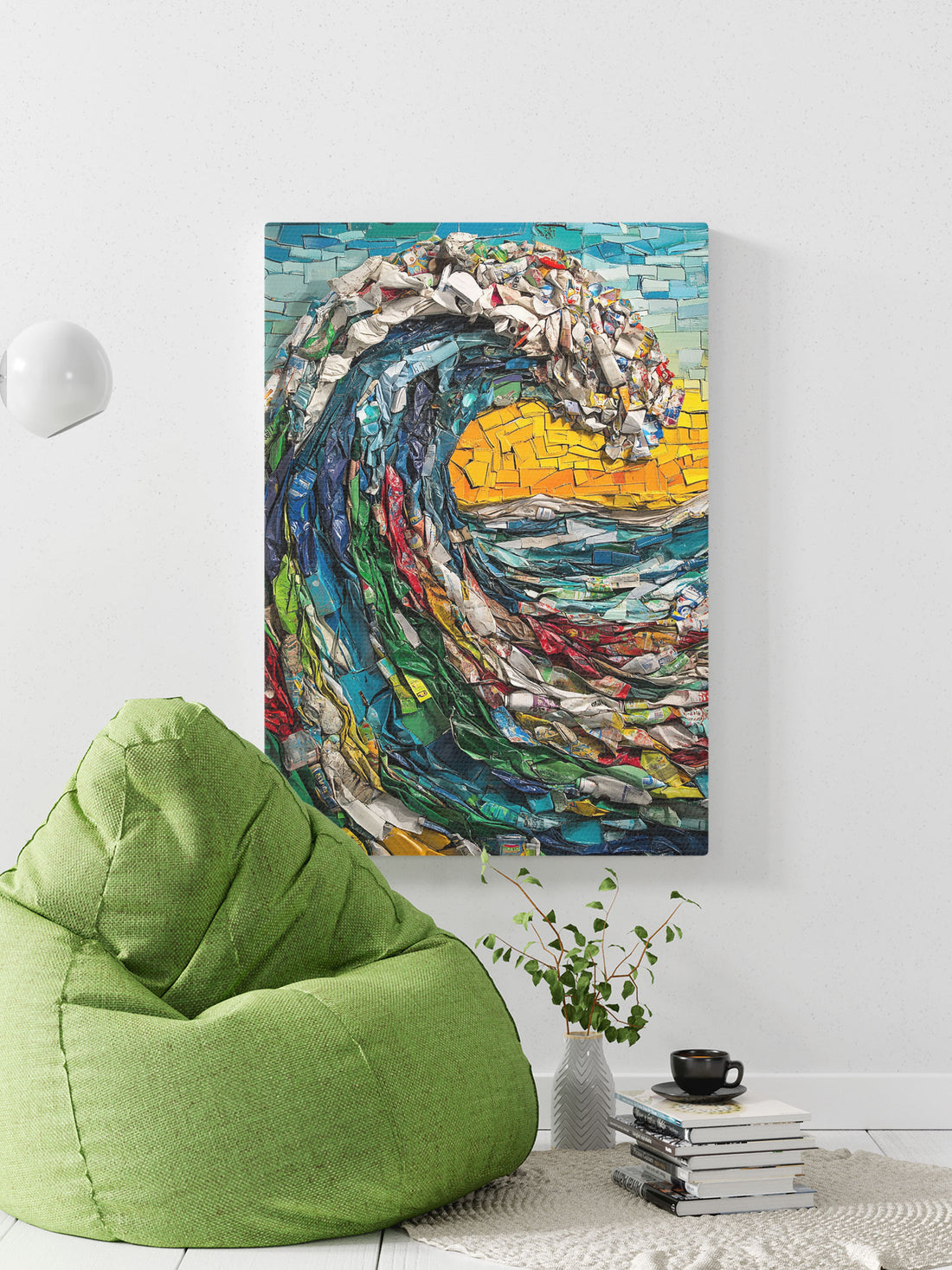 Introducing our unique "The Picture Of The Wave From Plastic And Waste Canvas" poster! A stunning addition to any living room, sofa backdrop, or bedside, this eco-friendly wall art is made with upcycled materials and comes without a frame for easy customization. Bring a touch of nature to your home decor with this one-of-a-kind piece.