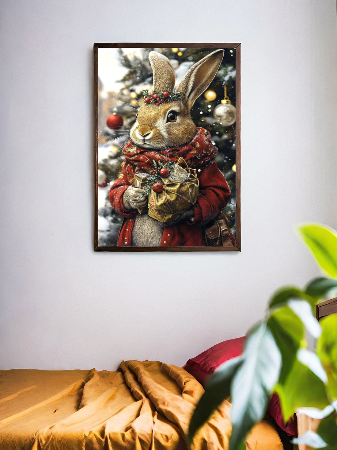 Enhance the festive ambiance of your living room, sofa backdrop, or bedside with The Rabbit And Christmas Canvas Poster Wall Art. Made from high-quality canvas, this poster adds a touch of holiday charm to your home decor. No frame included.