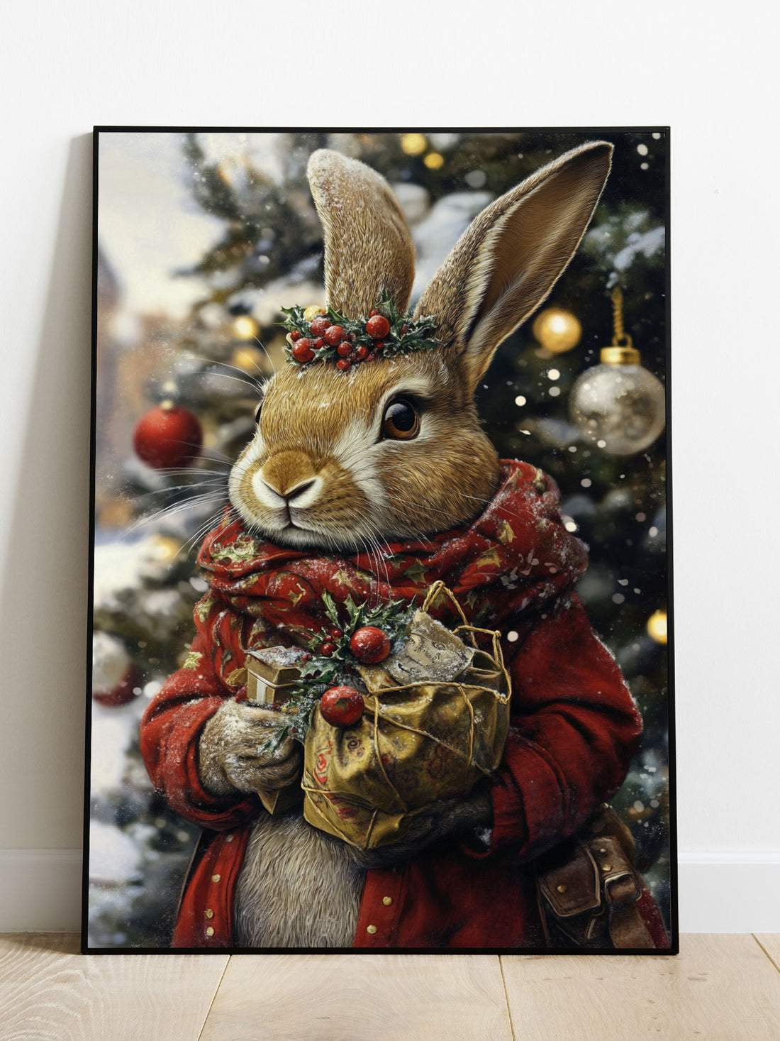 Enhance the festive ambiance of your living room, sofa backdrop, or bedside with The Rabbit And Christmas Canvas Poster Wall Art. Made from high-quality canvas, this poster adds a touch of holiday charm to your home decor. No frame included.