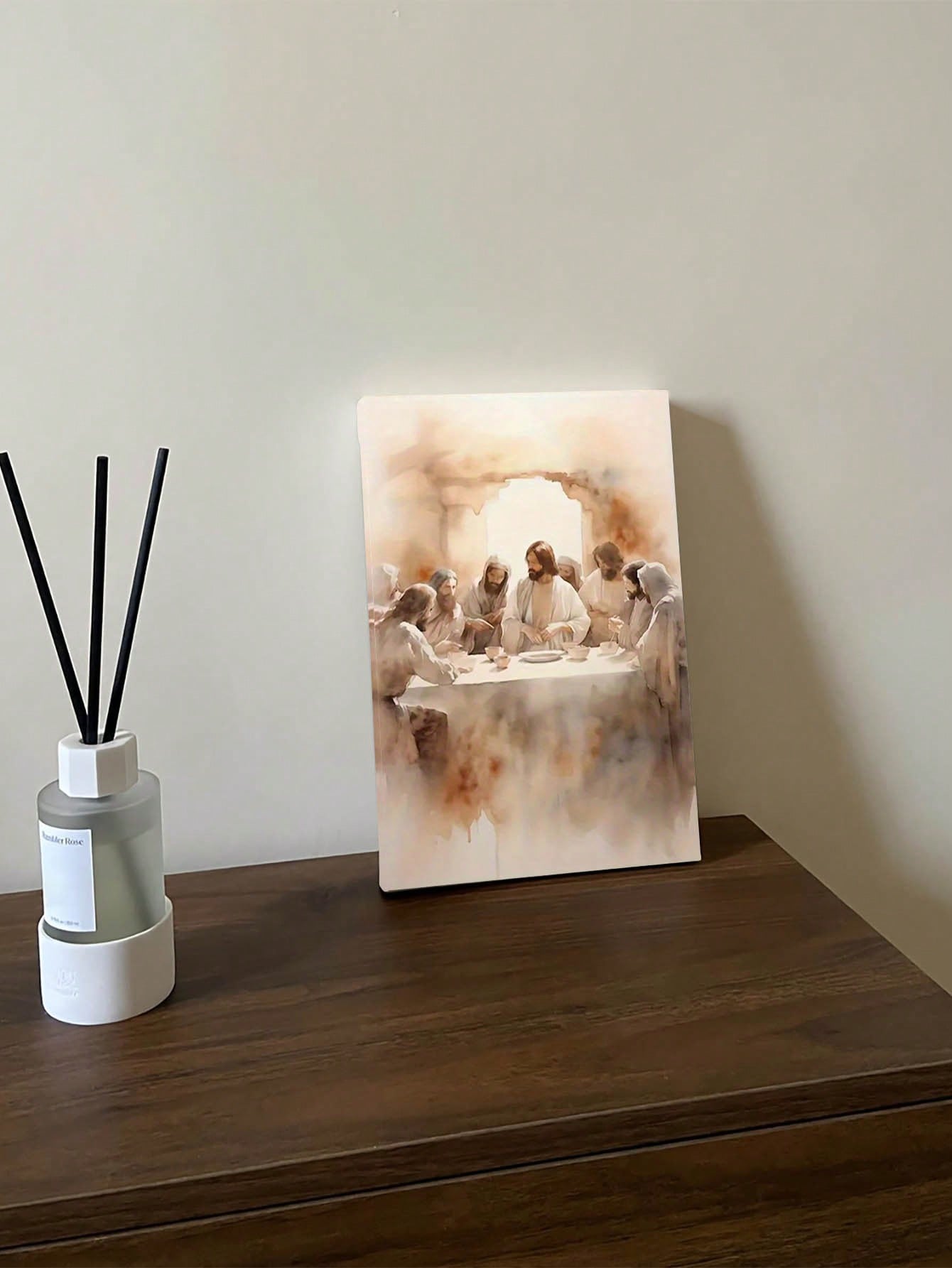 Enhance any space with this stunning watercolor painting of The Last Supper. Crafted with Christian sensibilities in mind, this wall art print serves as a beautiful reminder of faith and devotion. Bring a touch of elegance and spirituality into your home with this unique decoration.