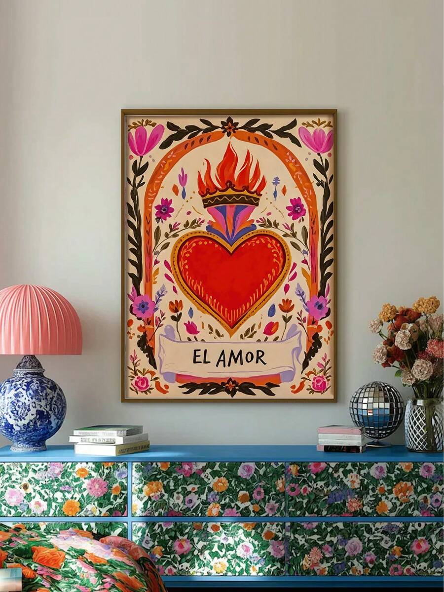 EL AMOR flaming heart folk art above a turquoise floral cabinet with colorful decor