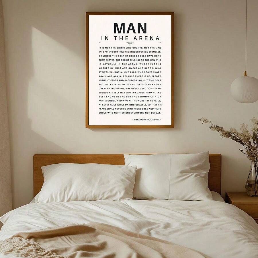 Make a thoughtful statement with this modern canvas poster featuring Theodore Roosevelt’s inspirational “Man In The Arena” quote. Its clean graphic lettering gives the artwork a focused, motivational character that suits a home office, study, bedroom, living room, or creative workspace. 