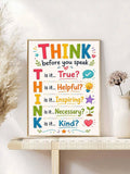 Colorful THINK before you speak classroom poster framed on a woven bench