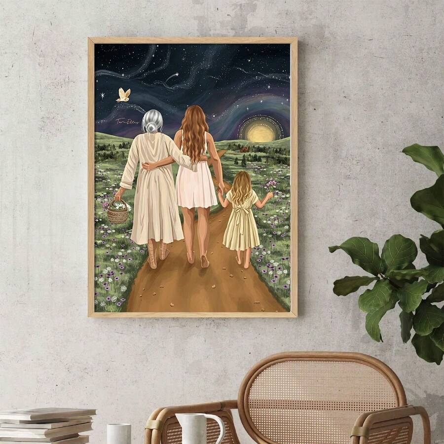 Three generations of women walking through wildflowers under a starry night sky