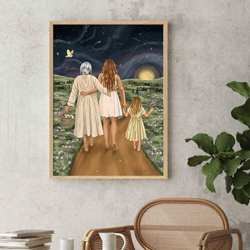 Three generations of women walking through wildflowers under a starry night sky