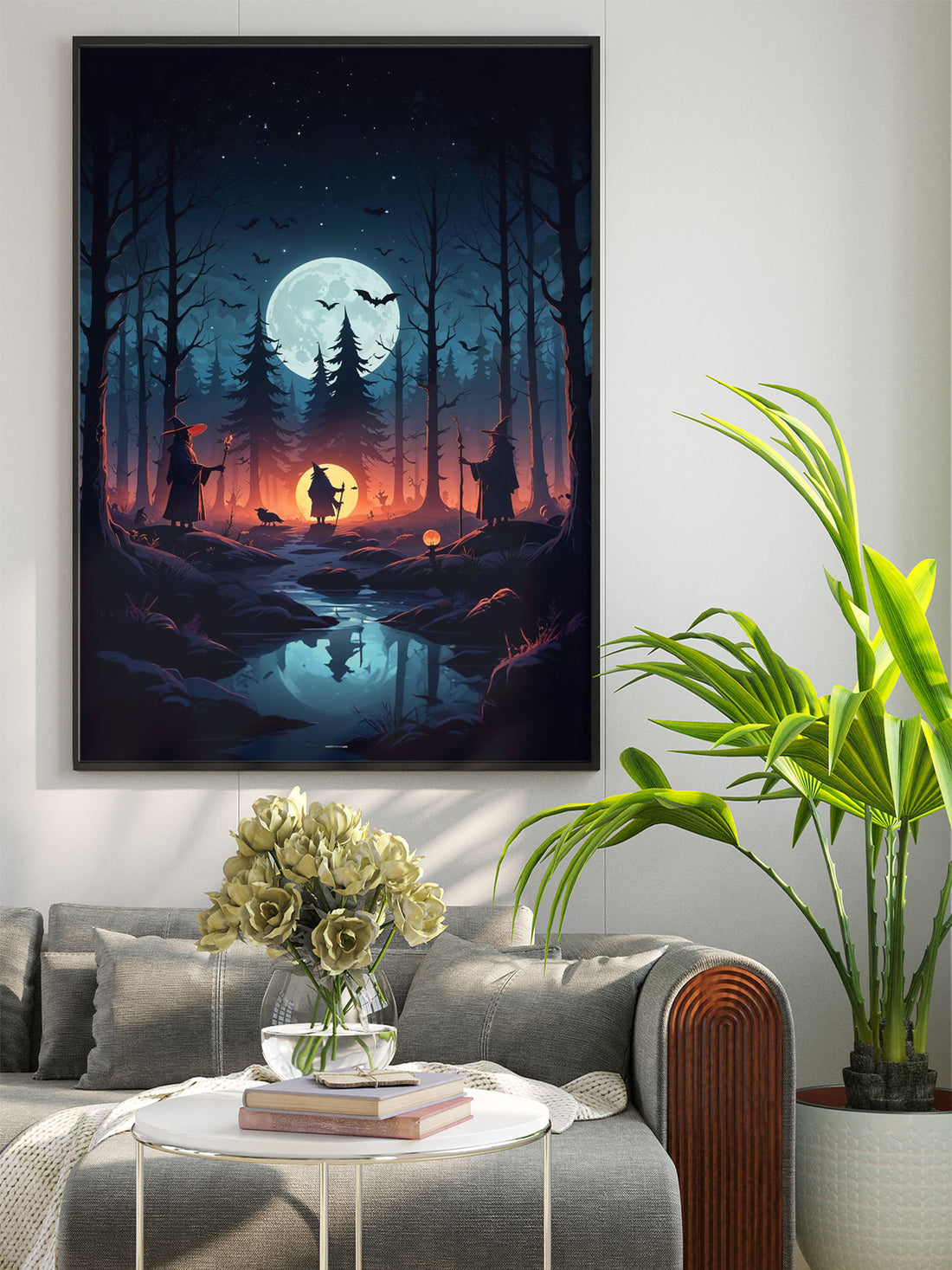 This poster features three wizards in bright robes and pointed hats, standing in a spooky forest with a large glowing moon in the sky. With no frame, it adds a mystical touch to any room. Perfect for fans of fantasy and magic, this poster is sure to spark imagination and wonder.