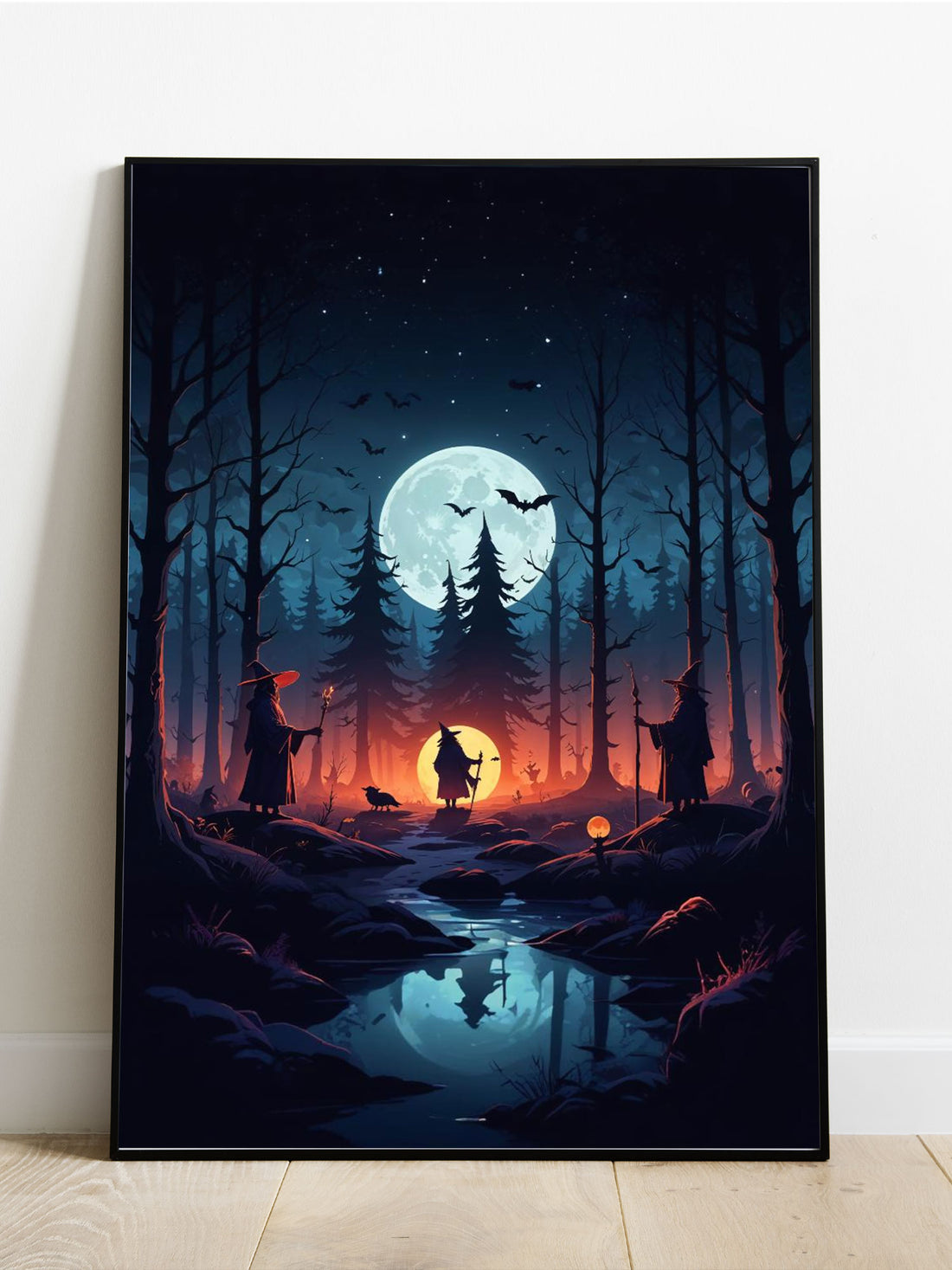 This poster features three wizards in bright robes and pointed hats, standing in a spooky forest with a large glowing moon in the sky. With no frame, it adds a mystical touch to any room. Perfect for fans of fantasy and magic, this poster is sure to spark imagination and wonder.