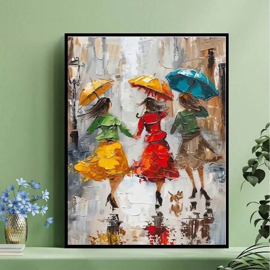 Three women dancing in rain umbrella wall art