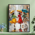 Three women dancing in rain umbrella wall art
