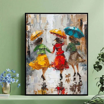 Three women dancing in rain umbrella wall art