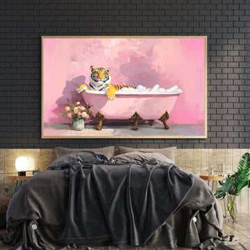 Transform your bathroom into a gallery of whimsy with this captivating canvas art featuring a tiger luxuriating in a bathtub, accented by delicate floral elements in soft pink tones. This unexpected juxtaposition of wildlife and domesticity creates an engaging conversation piece that elevates ordinary spaces with artistic flair. The carefully curated color palette harmonizes pink hues with natural botanical details, establishing a sophisticated yet playful aesthetic. Perfect for bathrooms seeking personalit