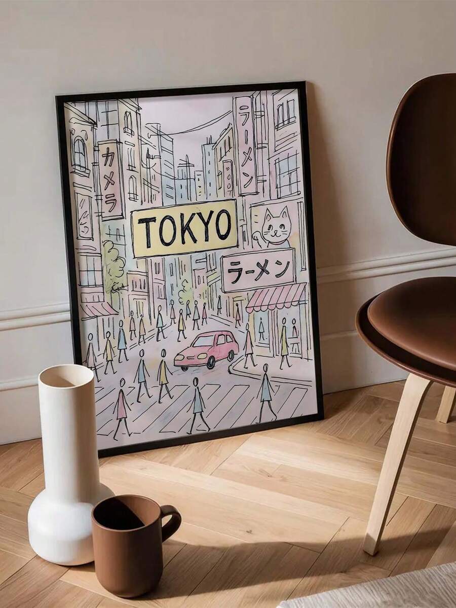 Tokyo aesthetic canvas poster leaning in black frame