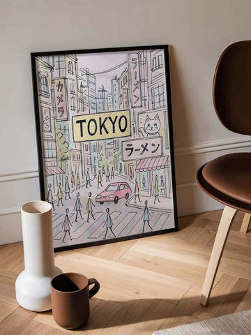 Tokyo aesthetic canvas poster leaning in black frame