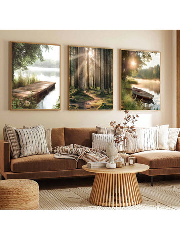Enhance the ambiance of your home with our Tranquil Forest Lake Scenery canvas art set. This 3-piece landscape print captures the beauty and tranquility of nature, bringing a sense of calm into any room. Perfect for modern home decor, each print is expertly crafted with high-quality materials for a stunning and timeless addition to your space.
