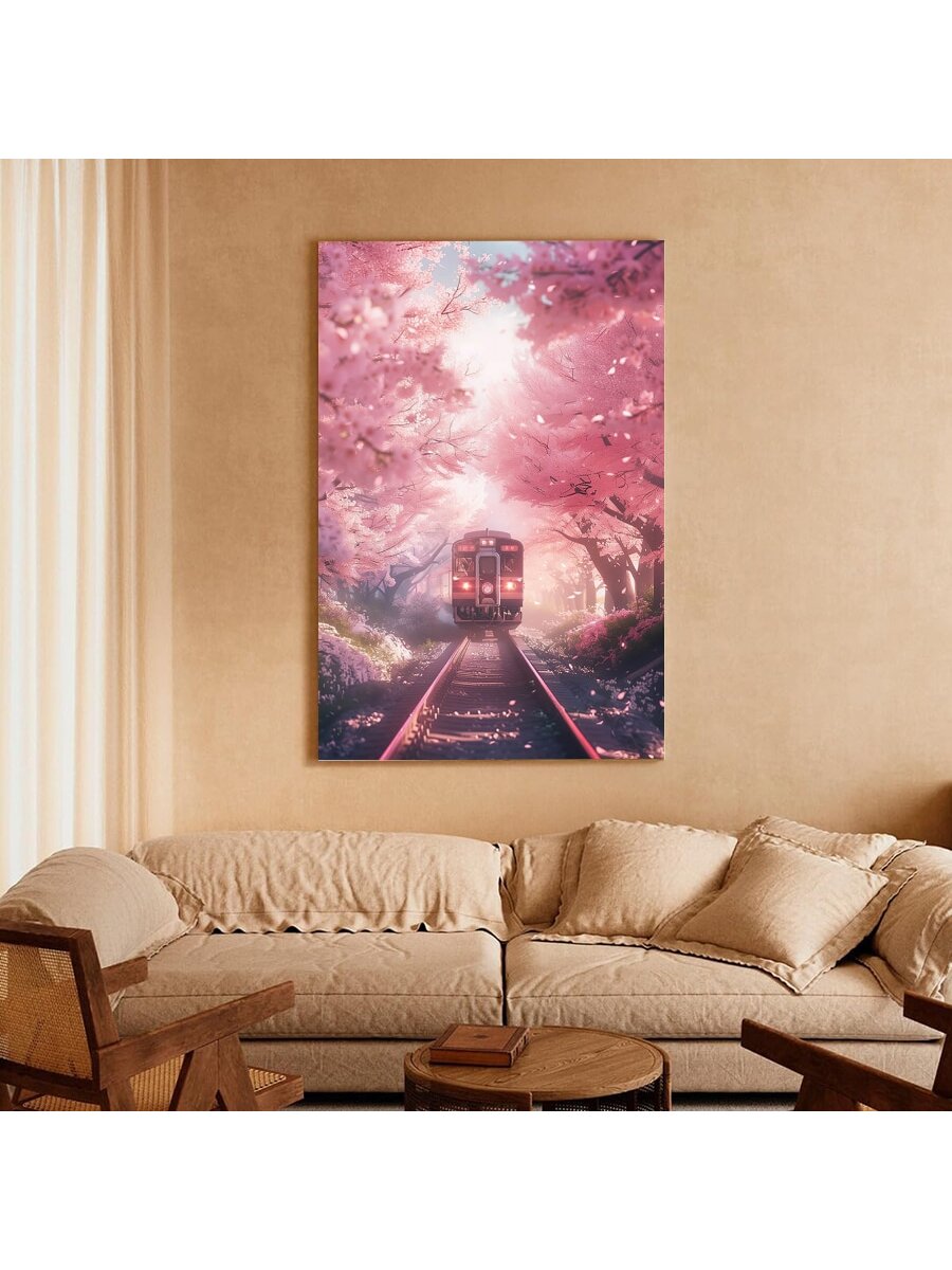 Transform your bedroom or living room into a serene and tranquil space with this stunning canvas art featuring a beautiful pink cherry blossom scenery. The unique combination of a peaceful train and delicate sakura flowers will add a touch of elegance to your home décor. Perfect for any nature lover or art enthusiast.
