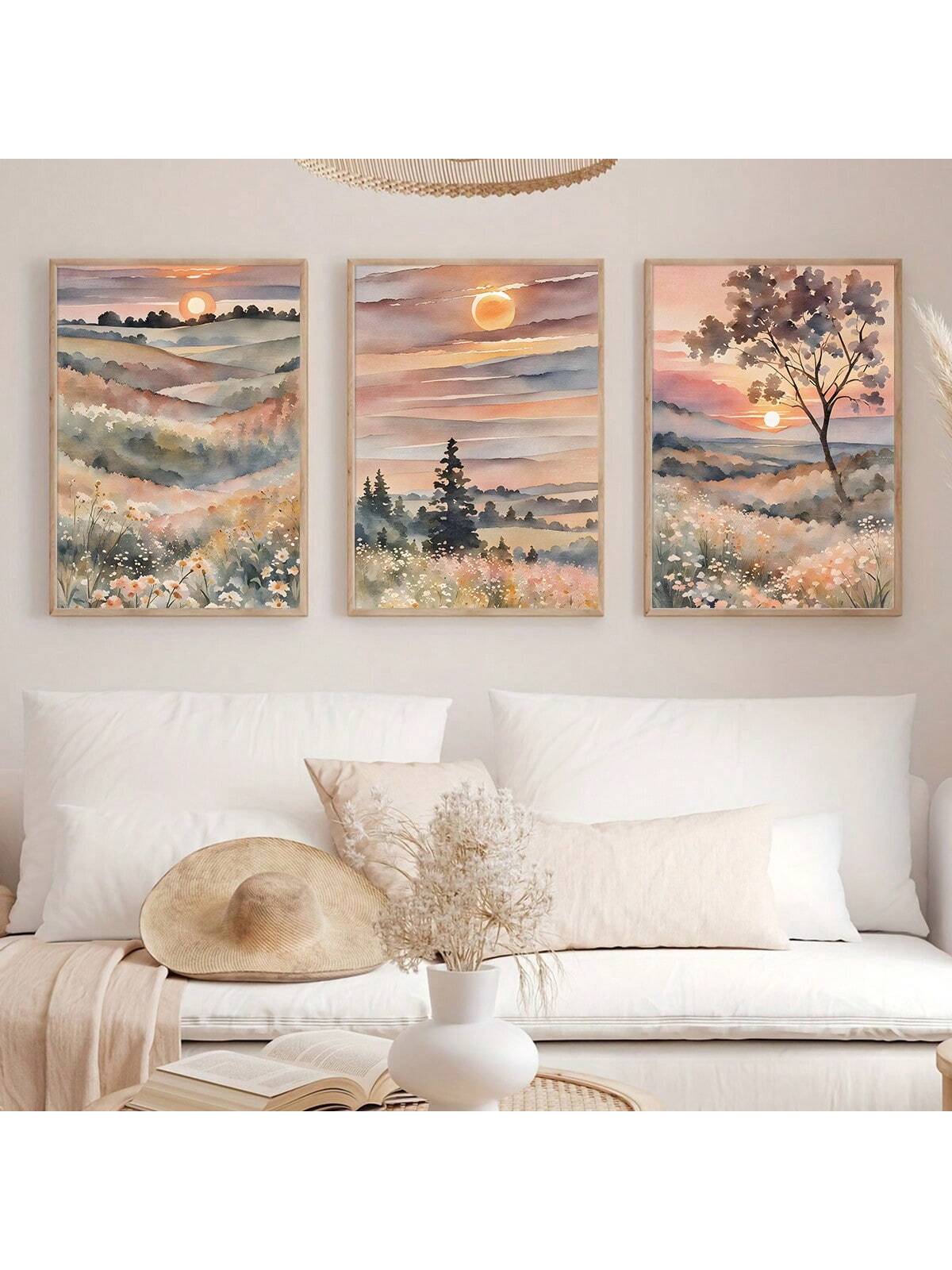 Elevate your home with the serene beauty of the Tranquil Watercolor Sunset Trio. This Boho Landscape Canvas Art adds a modern touch to any room, serving as a stunning focal point. With a tranquil color palette and expert brushstrokes, this trio offers a peaceful and stylish addition to your home decor.