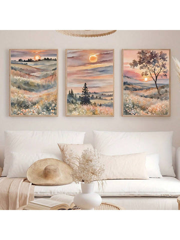 Elevate your home with the serene beauty of the Tranquil Watercolor Sunset Trio. This Boho Landscape Canvas Art adds a modern touch to any room, serving as a stunning focal point. With a tranquil color palette and expert brushstrokes, this trio offers a peaceful and stylish addition to your home decor.