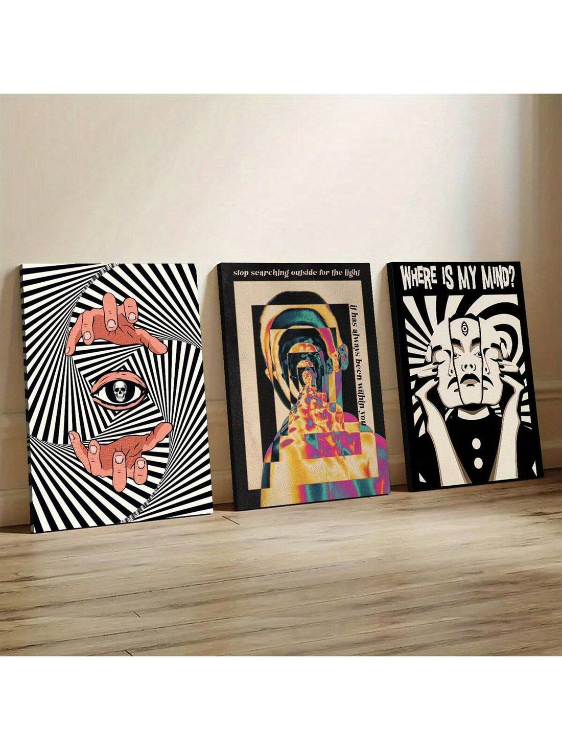 Elevate your interior with this expert-curated 3-piece canvas wall art set featuring captivating optical illusions. Designed to intrigue and inspire, each piece showcases a unique weird aesthetic that adds depth and conversation-starting appeal to any room. Perfect for those seeking distinctive, modern decor that challenges perception and enhances visual interest. Crafted with high-quality materials, this set ensures lasting vibrancy and style in your home environment.