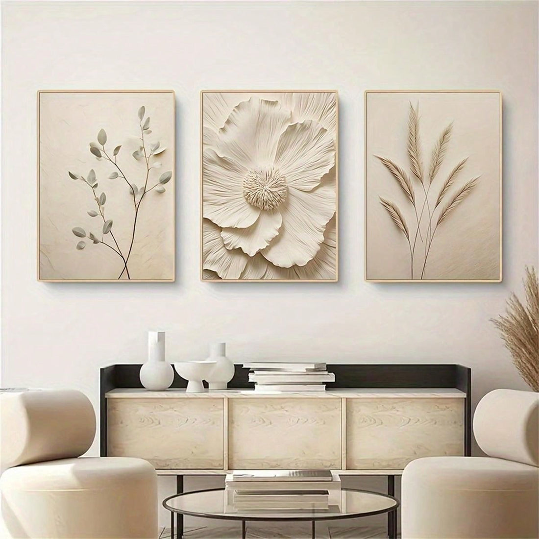 Enhance your modern living room with this 3-piece canvas wall art set featuring trendy beige botanical prints. Each decorative poster is carefully crafted on high-quality canvas to add a touch of elegance to your space. Elevate your home decor with this stylish and versatile set.