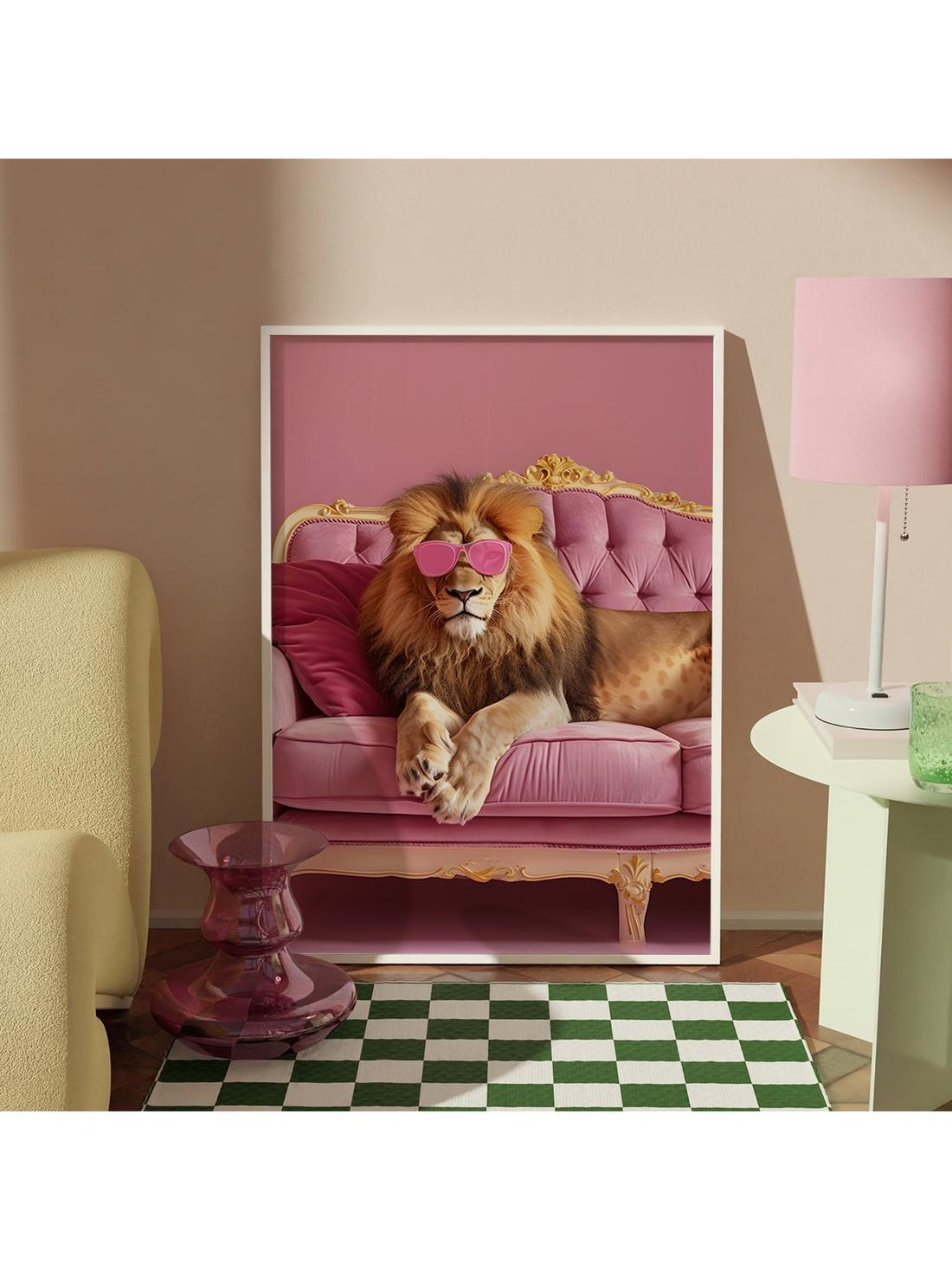 Add a touch of trendiness to your room with this waterproof canvas wall art featuring a lion in sunglasses. This poster is the perfect addition to any aesthetic decor and is sure to make a statement. Made with high-quality materials, it will stay looking fresh for years to come.