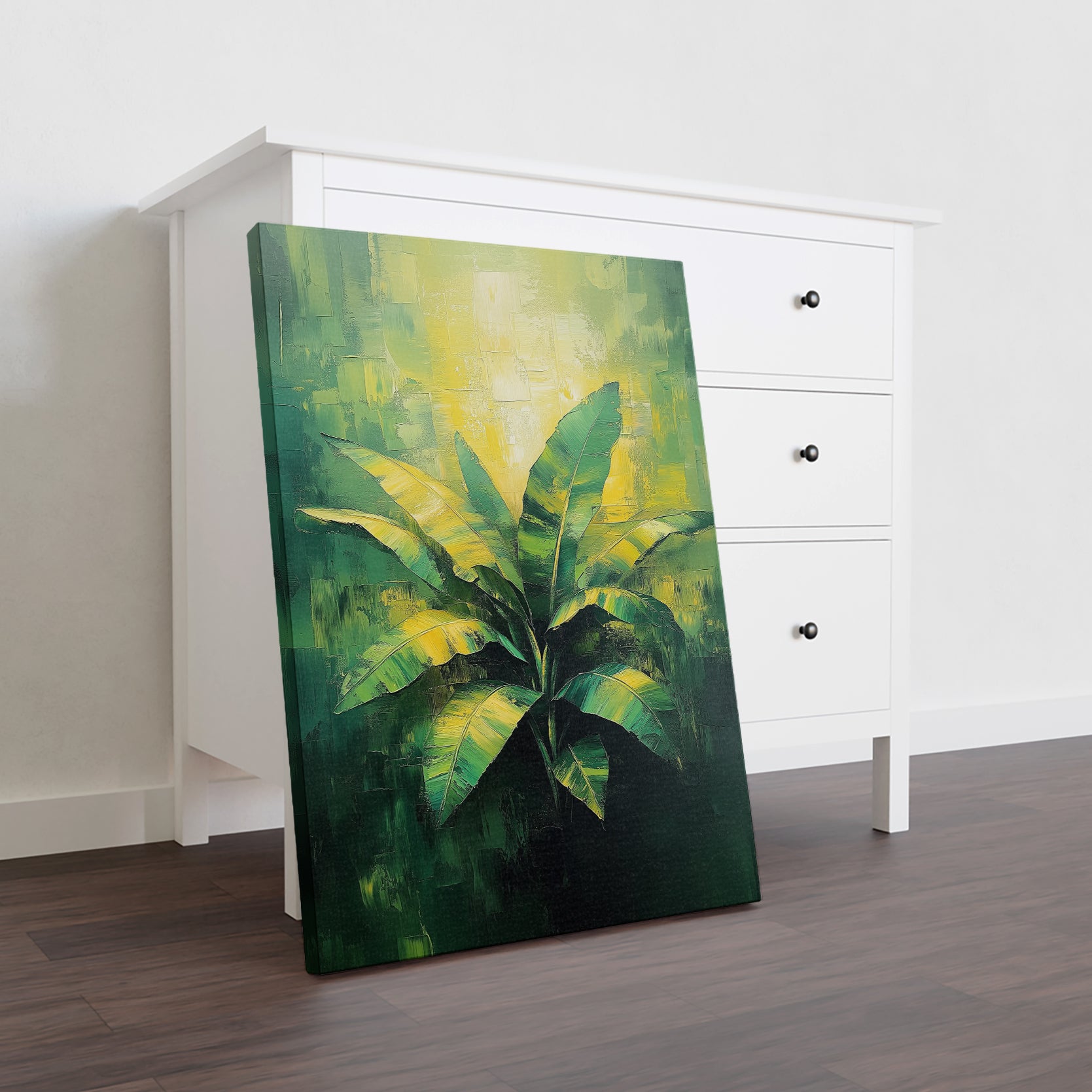 This canvas wall art features a stunning green and yellow abstract painting of tropical banana leaves. Perfect for adding a touch of nature to your living room, sofa backdrop, or bedside decoration. Elevate your home decor with this vibrant and eye-catching piece.